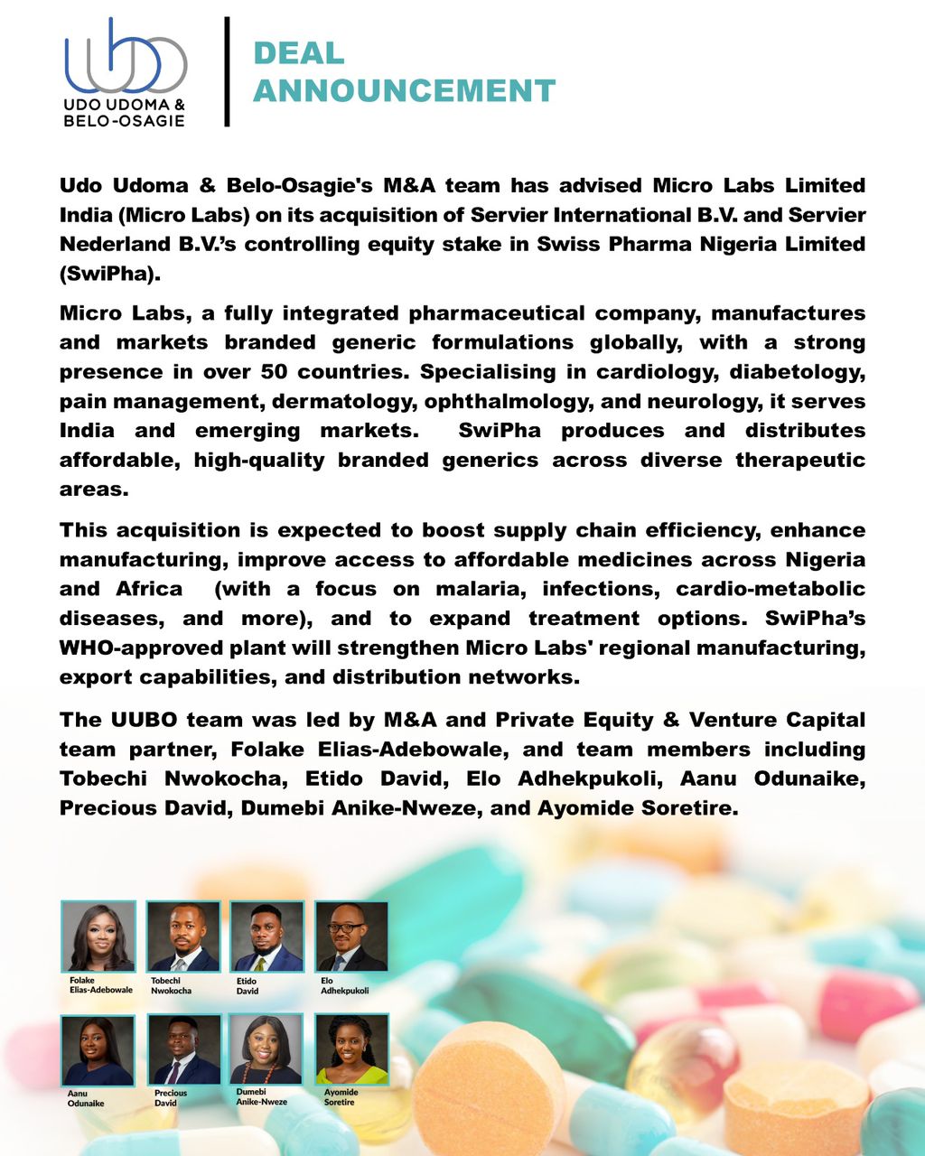 UUBO's M&A Team Advises Micro Labs Limited India On Acquisition Of Servier International B.V. and Servier Nederland B.V.’s Controlling Equity Stake In Swiss Pharma Nigeria Limited